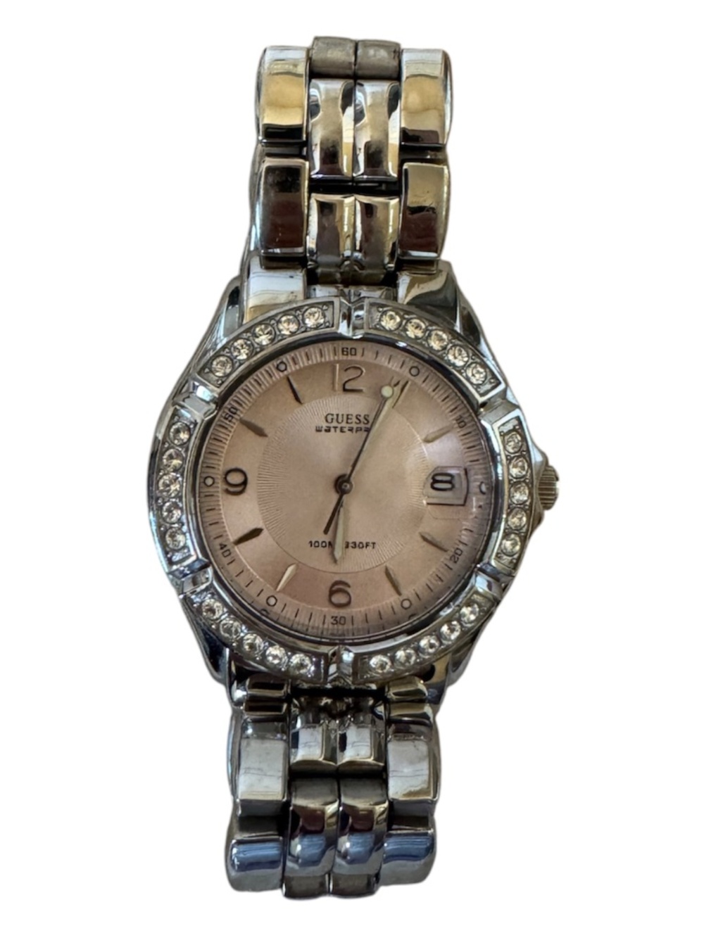 Guess Waterpro Crystal Bezel Women's Silver Watch | Date Display | Pink Face